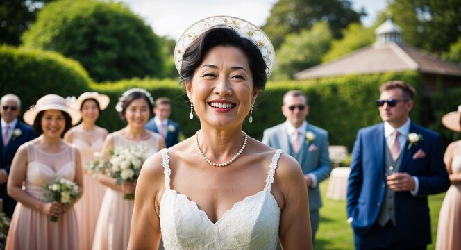 Cheerful middleaged Asian woman wearing a sundress at a garden wedding