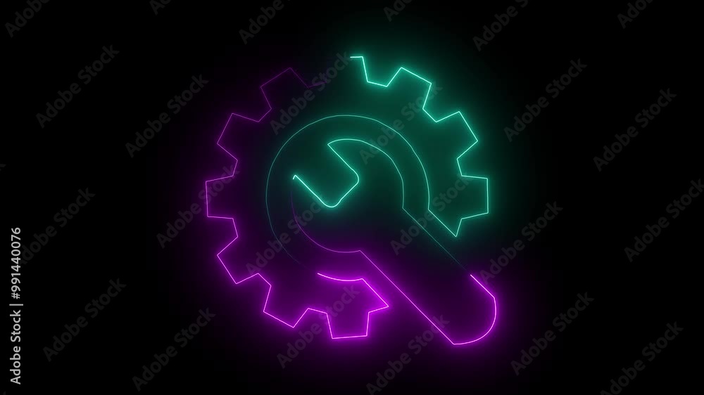 Poster glowing neon line setting icon with spinning gears icon animated. technology setting icon concept
