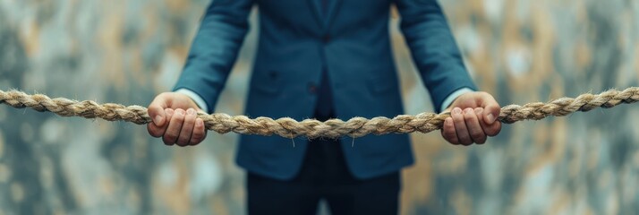 A businessman in a suit holds a thick rope, symbolizing strength, teamwork, leadership, and overcoming challenges in business and life.