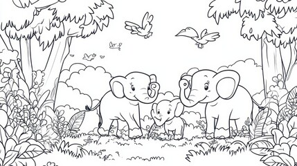 Elephants in the Jungle: A Coloring Page