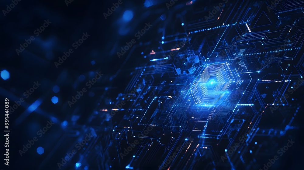 Poster abstract digital network with glowing blue lines and hexagonal core