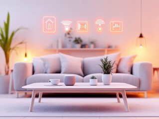 Modern living room with a cozy couch, minimalist decor, and smart technology icons illuminating the serene atmosphere.