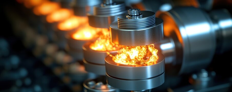 Close-up of an industrial engine component showcasing internal combustion with flames, highlighting engineering and machinery.
