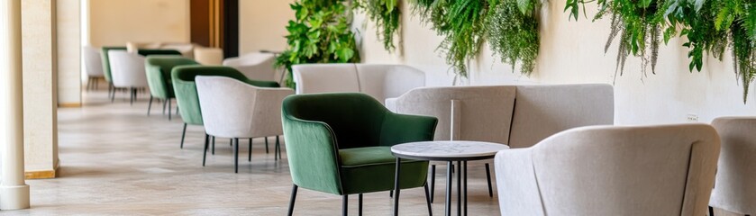 A modern lounge area featuring stylish chairs, minimalist decor, and abundant greenery for a peaceful ambiance.