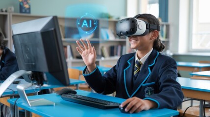 School student with VR headset using AI artificial intelligence technology & machine learning.Interactive technology in classroom. Innovation & smart tech. AI blue hologram in education generative ai