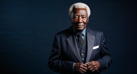 Fototapeta premium Elderly Black man in a refined blazer posing sharply against a deep navy background