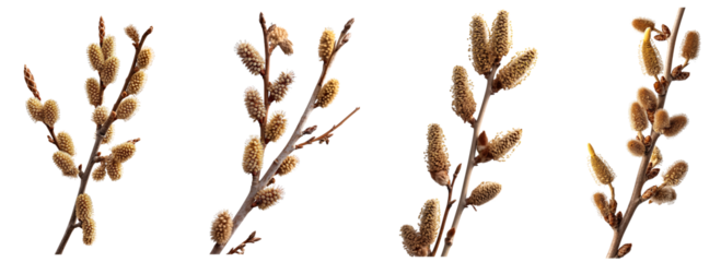 Brown Fluffy twig willow catkins tree branches, cutout png isolated on transparent background