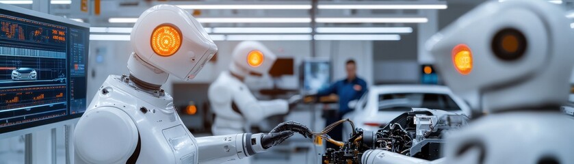 Fototapeta premium Futuristic robotics workshop showcasing advanced robots assembling modern technology. A glimpse into the automated future.