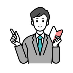 Illustration of businessperson man holding a young-leaf mark.
