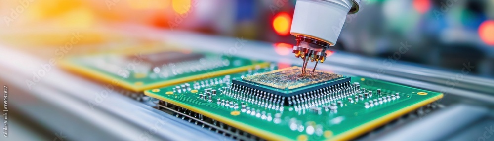Poster close-up of a robotic arm assembling electronic components on a circuit board in a modern manufactur