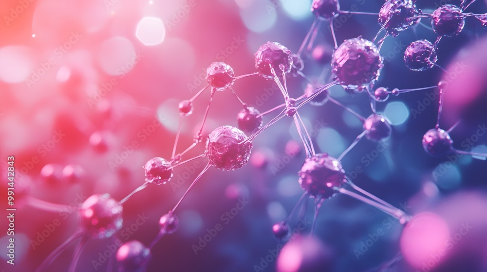 Poster abstract 3d render of interconnected spheres with a pink and blue bokeh background
