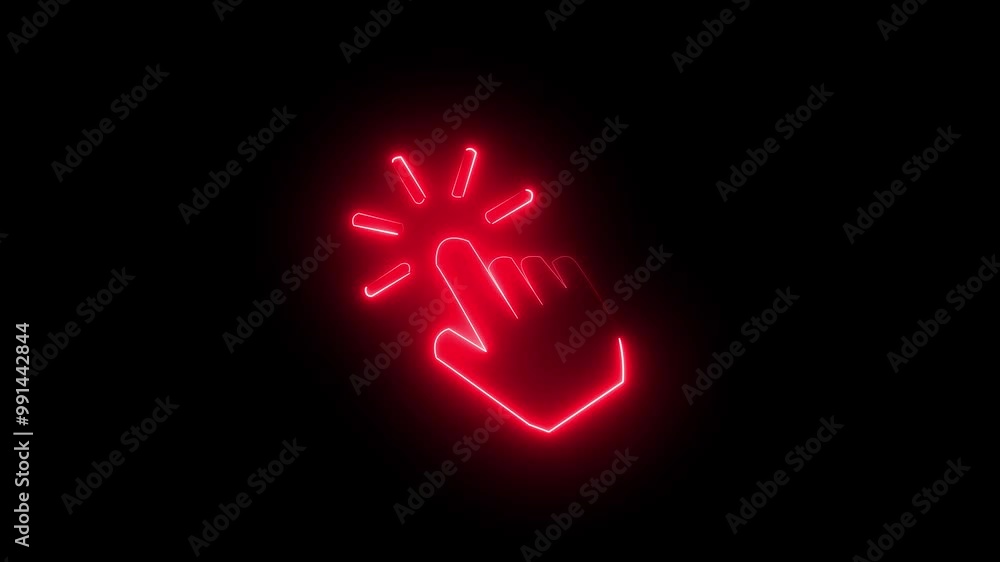 Poster neon glowing green color touch pointer arrow hand icon on black background animation