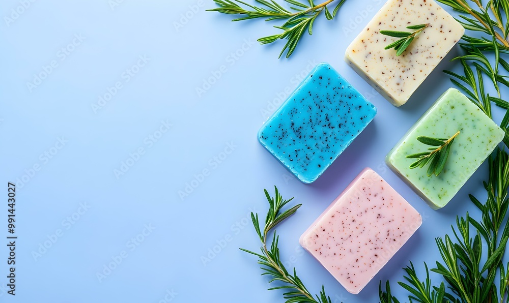 Poster colorful soap bars adorned with botanical elements, showcasing a vibrant array of scents and texture