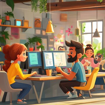 Cartoon characters engaged in teamwork at computers, vibrant colors, playful expressions, dynamic office environment, creativity in action.