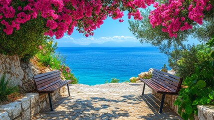 Obraz premium Beautiful resort promenade with a bench and blooming colorful Oleanders against the backdrop of Mediterranean Sea and blue sky