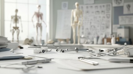 A cluttered workspace featuring medical tools, anatomical models, and educational materials for anatomy study.