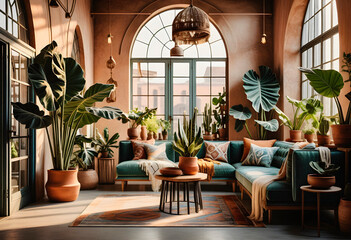Fototapeta premium Interior of living room with green plants. 3d rendering. AI generated