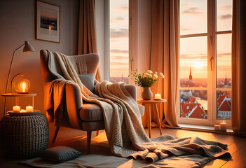 A hotel room in eco style with wonderful city view. AI generated.