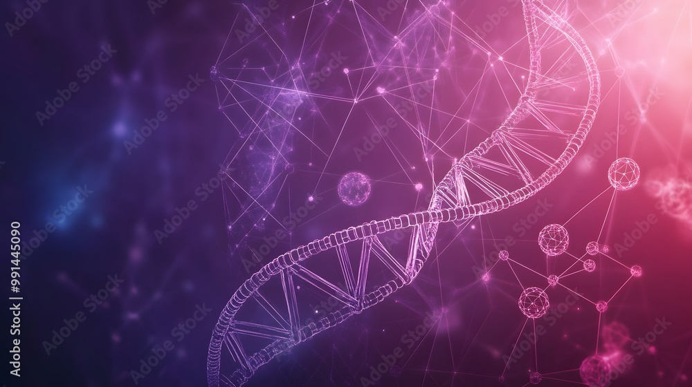 Poster a 3d rendered dna double helix in a connected network of spheres