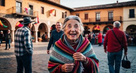 Fototapeta premium Excited elderly Hispanic woman wearing a shawl in a town square during a festival