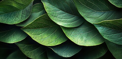 Fototapeta premium Close-up of green leaves with intricate veins.
