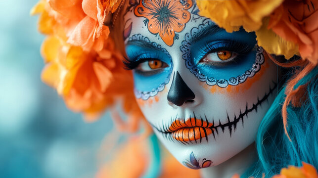 A woman with a skull painted on her face and orange and blue makeup