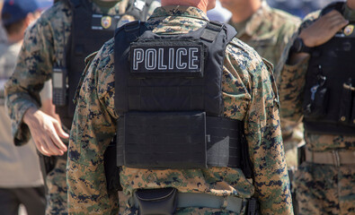 Close up of the back of a military police officer's bullet proof vest with other officers diffused...