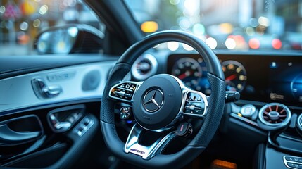 Cruise control switch closeup. Adaptive cruise control leaver. Cruise control on steering wheel. 