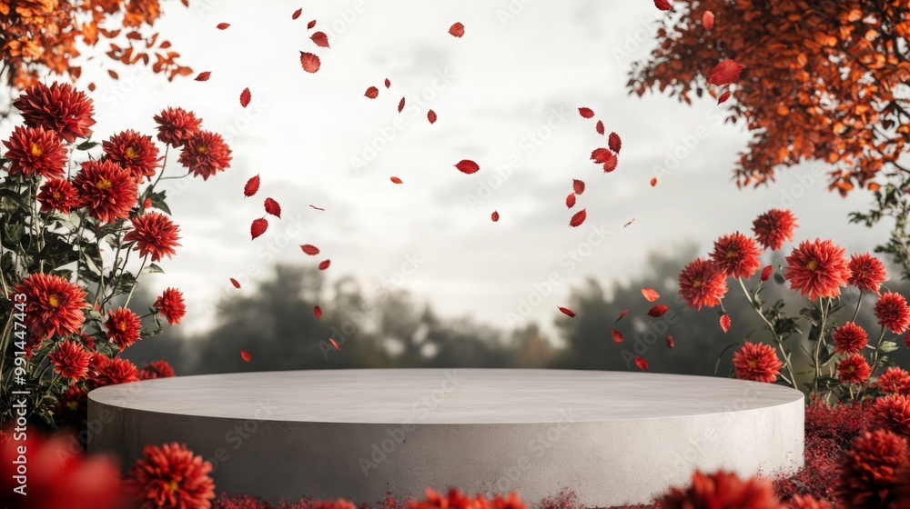 Aufkleber a circular platform is elegantly set amidst lush red flowers, with colorful leaves gently falling al