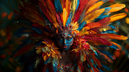 A woman wearing a colorful costume with feathers and beads
