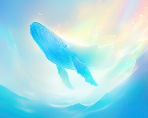 Enchanted frozen whale breaching through a glowing icy sea