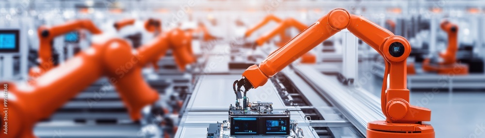 Poster industrial robot arm working in an automated manufacturing environment, showcasing modern technology