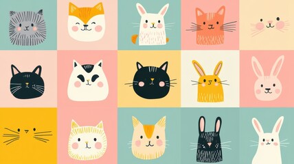 A colorful collection of cute animal faces including cats and rabbits, perfect for children's art and design projects.