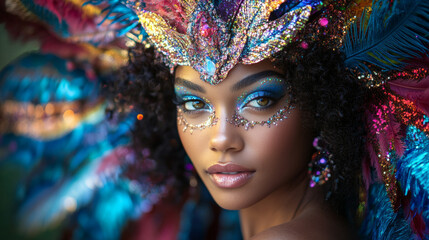 A woman with a colorful headdress and makeup