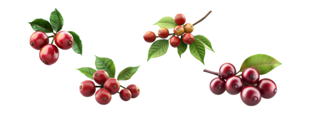 Cluster of coffee fruits on a branch on a white background