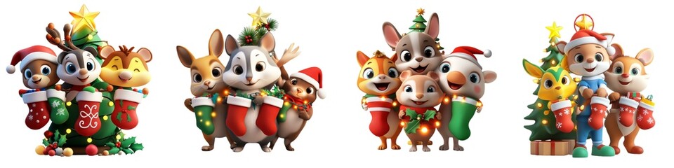 Obraz premium A festive scene featuring adorable animated animals celebrating Christmas with decorations and stockings.
