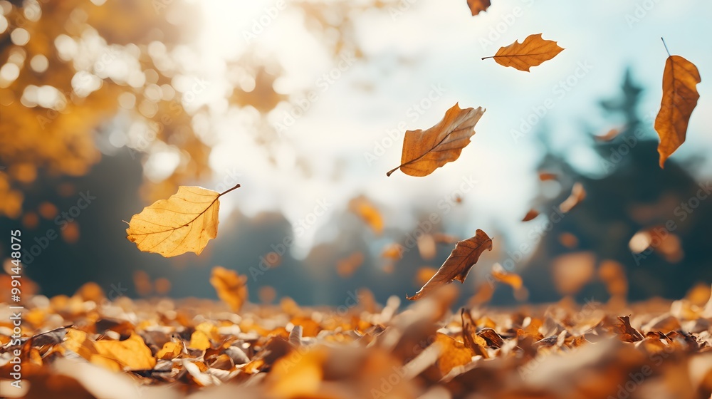 Poster a serene autumn scene capturing falling leaves illuminated by sunlight, creating a warm and inviting