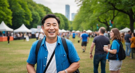 Naklejka premium Happy middleaged Asian man wearing casual clothes at a park festival
