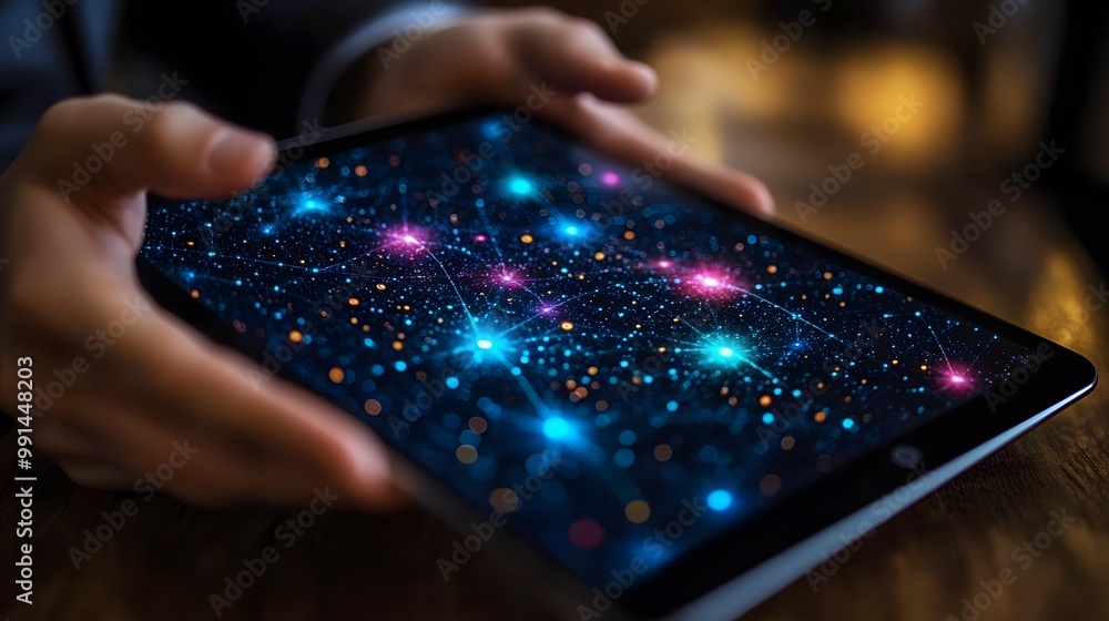 Poster a person holds a tablet displaying a cosmic network of colorful stars and nodes against a dark backg