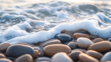 Waves Rolling Over Smooth Pebbles on a Serene Beach During Sunset
