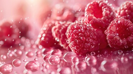 Luscious Raspberries: A close-up shot of vibrant, glistening raspberries, adorned with water...