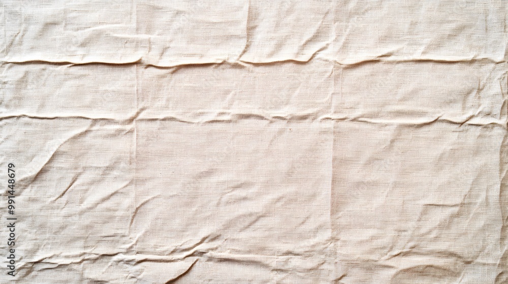 Poster a textured, wrinkled fabric surface in light beige tones, showcasing intricate patterns and subtle v