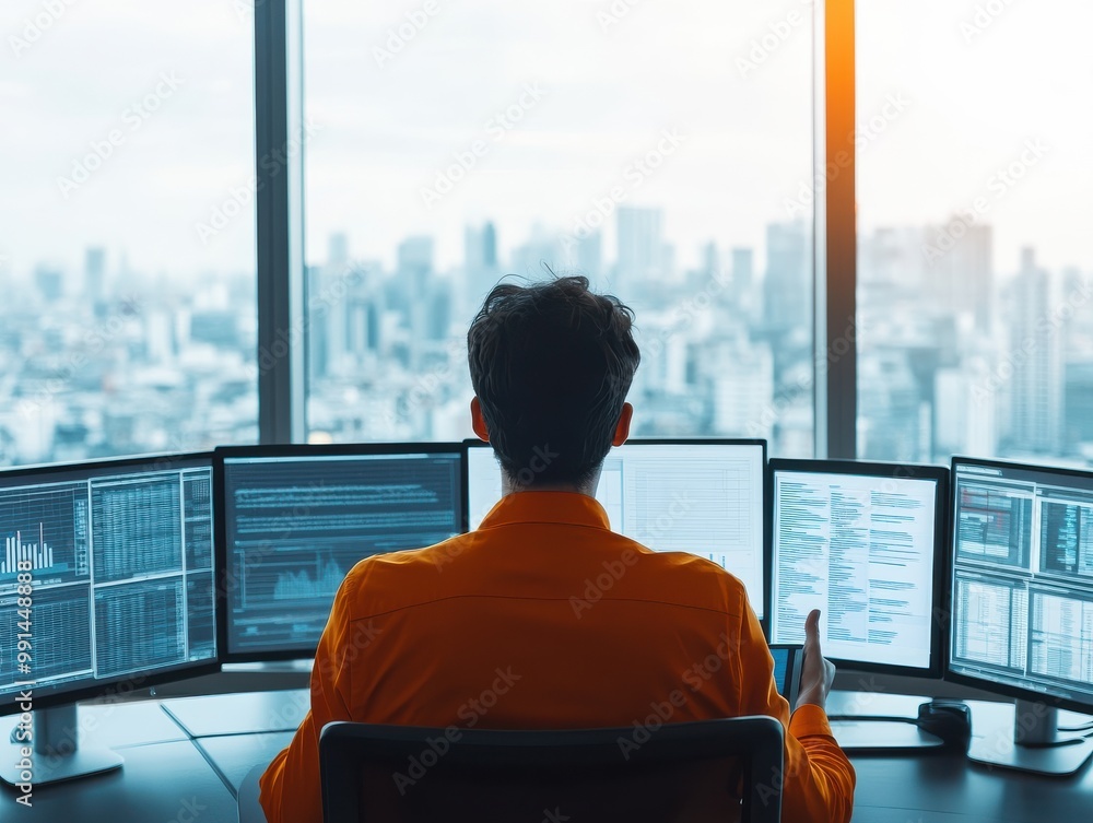 Poster a focused individual works on multiple computer screens in a modern office with a stunning cityscape