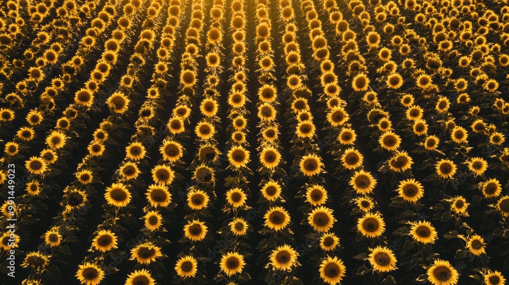 Poster aerial view of a sunflower field with a bright sky, creating a large blank space at the top for copy