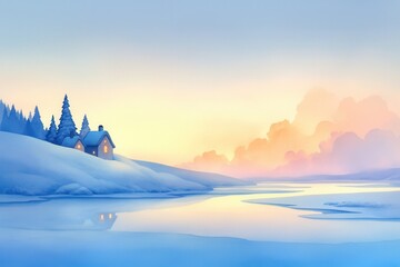 Floating enchanted winter village, glowing softly as it drifts above a frozen ocean, peaceful and magical, watercolor style, watercolor illustration, having ample space for text