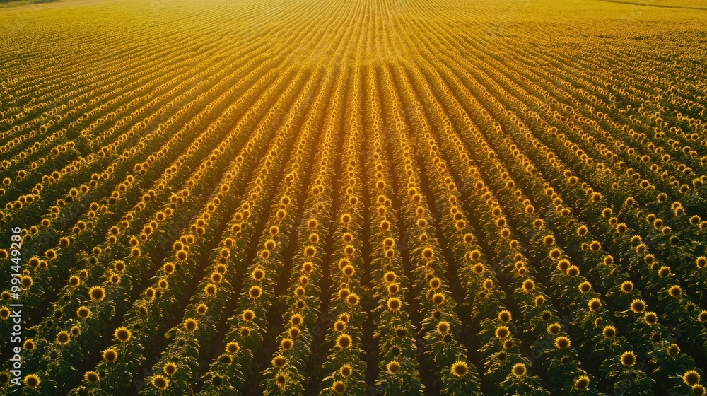 Poster aerial view of a sunflower field with a bright sky, creating a large blank space at the top for copy