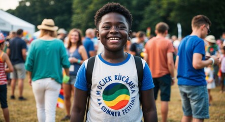 Fototapeta premium Joyful young Black boy wearing a tshirt at a summer campfire