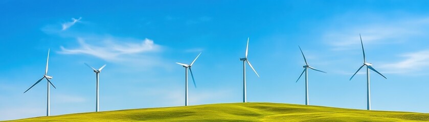 Fototapeta premium A scenic landscape featuring wind turbines on a green hill under a clear blue sky, representing renewable energy and sustainability.
