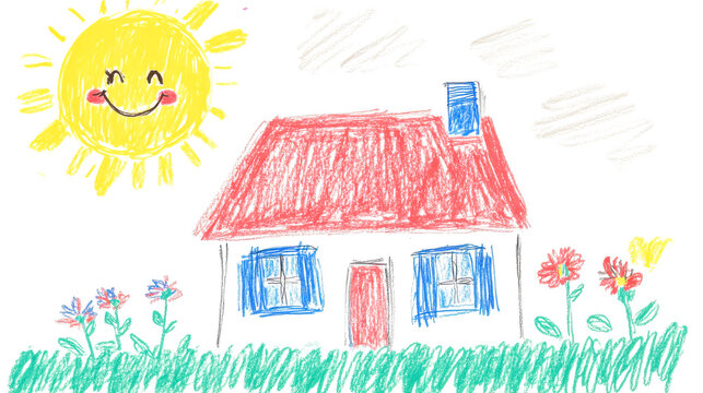 Child's drawing of a house under the sun