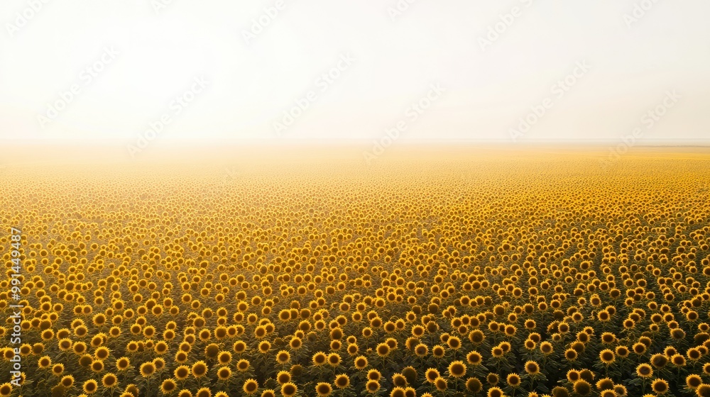 Poster aerial view of a sunflower field with a bright sky, creating a large blank space at the top for copy